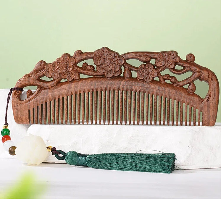Natural Sandalwood Comb | Anti-Static Hair Care & Scalp Nourishing | Hand-Carved Chinese Design with Classic Pendant | Gift